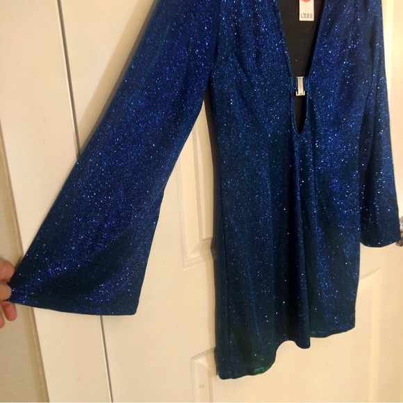 Cider Midnight Blues Sparkly Blue Green Color Shift Long Sleeve Mini Dress - Picture 6 of 11